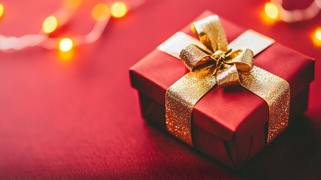 Velvet red background with elegant Chinese gift box wrapped in golden ribbon illuminated by soft festive light - Powered by Adobe