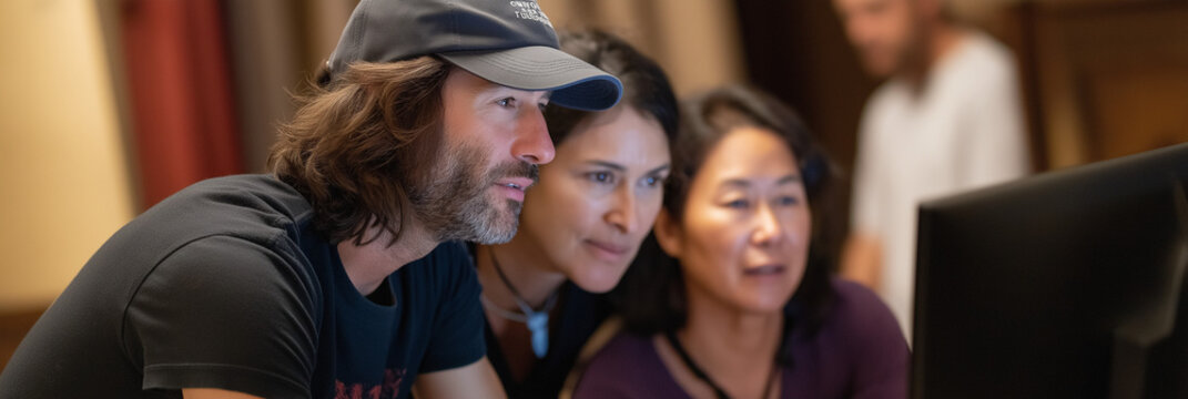 A dynamic team of three individuals energetically collaborating over a computer screen, focusing on creativity and teamwork, highlighting the essence of modern collaboration.