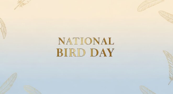 Golden text national bird day with feather motifs on a gradient background, celebrating avian awareness and conservation efforts