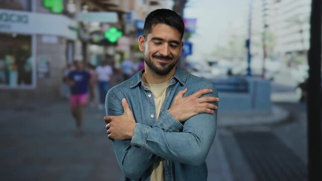 Young man embracing himself on an urban street with a serene, content expression, surrounded by a blurred cityscape, capturing a moment of introspection and peace outdoors.