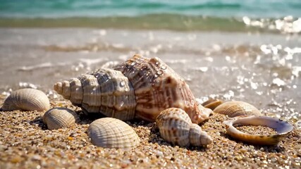 An underwater perspective showcasing a vibrant conch shell partially buried in the sandy seabed, with gentle currents swaying nearby marine flora, highlighting its natural habitat. - Powered by Adobe