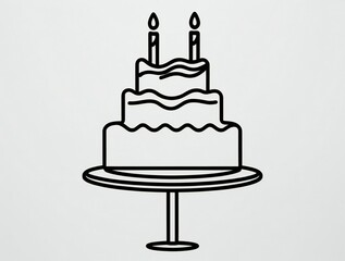 Simple outline drawing of a two tier birthday cake with candles on a stand