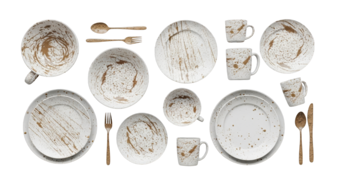 White ceramic dinnerware set with elegant gold splatter pattern, featuring various bowls, plates, mugs, and rustic flatware.