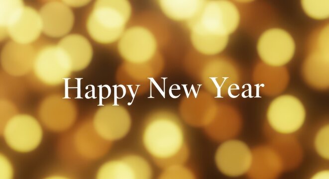 Happy new year text overlay on a bokeh background with glowing golden lights, perfect for festive greetings and celebrations