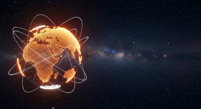 Glowing globe with connected lines against a starry background, symbolizing global communication and technology, with free space for text or design