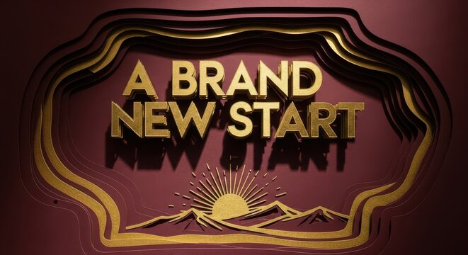 A brand new start text with golden mountains and sun illustration