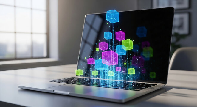 Laptop on table displaying colorful cube graphic, symbolizing digital data, modern technology, and innovative communication in a business setting