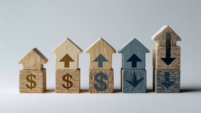 Wooden blocks with an arrow pointing up and a dollar sign on a white background, representing a real estate concept. - Powered by Adobe