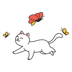 Cute White Cat Playing with Butterflies, Adorable Cartoon Kitten Illustration