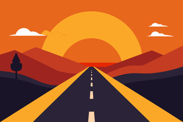 Flat design illustration of a road leading to the sunset over mountains