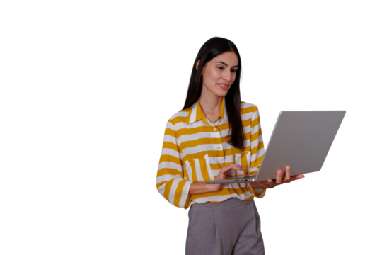 Businesswoman standing, holding and typing on laptop, working with technology, achieving remote success, transparent background