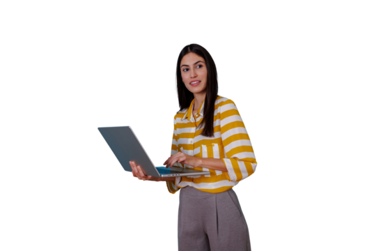 Woman standing and working on laptop, developing business strategy, focused on online communication, transparent background