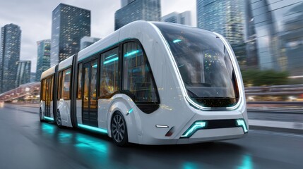 Obraz premium Futuristic Autonomous Electric Shuttle Bus Moving Through City Streets in Modern Urban Environment