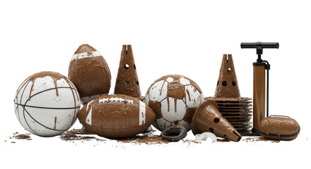 Collection of muddy sports equipment on a clean white backdrop, including balls, cones, pump, and mouthguard, representing intense play.