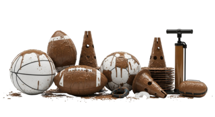 Collection of muddy sports equipment on a clean white backdrop, including balls, cones, pump, and mouthguard, representing intense play.