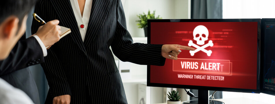 Virus warning alert on computer screen detected brisk cyber threat , hacker, computer virus and malware