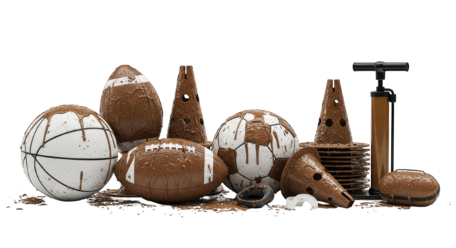 Collection of muddy sports equipment on a clean white backdrop, including balls, cones, pump, and mouthguard, representing intense play.