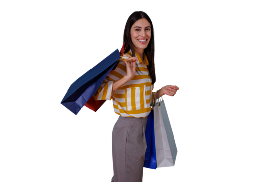 Woman smiling and holding shopping bags, a happy consumer enjoying retail therapy and sales, transparent background - Powered by Adobe