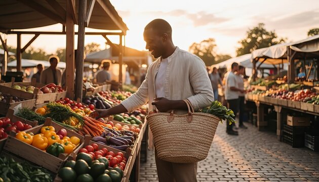 Black man shopping for fresh produce at an outdoor farmers market during golden sunset, surrounded by colorful fruits, vegetables, and wooden stalls