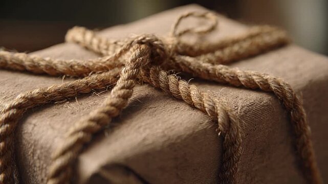 Rustic Gift's Embrace: An intimate view of a rustic gift, carefully wrapped in natural brown paper and intricately bound with twine, evoking the charm of a bygone era.