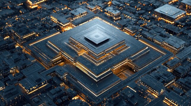 Futuristic Technology Microchip Circuit Board with Bright Gold and Blue Illuminated Elements