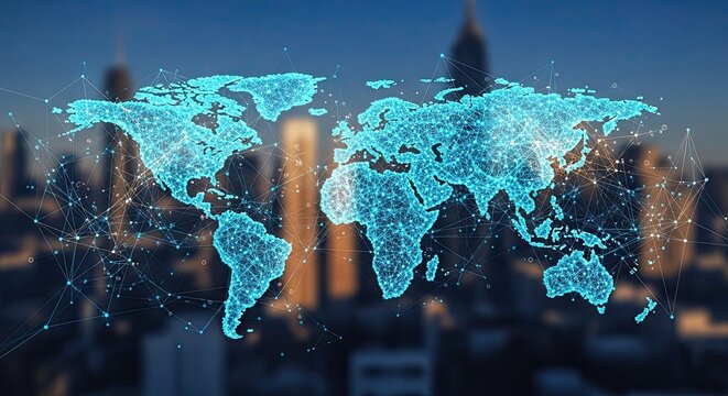 Digital World Map Overlaying a City Skyline - Powered by Adobe