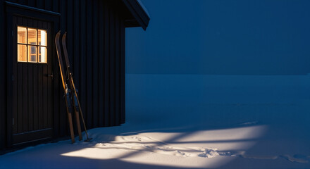 Ski equipment beside cabin at night, warm light glowing from window, snowy landscape