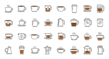 Collection of stylized, flat design icons representing various coffee and tea cups, mugs, and brewing devices, perfect for web, print, and app use. This editable stroke vector illustration on a white