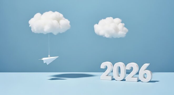 Paper airplane flying towards the year 2026 with clouds in a bright blue sky, symbolizing future aspirations and goals isolated on transparent background