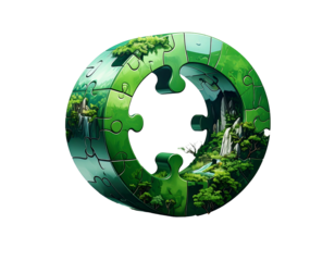 A circular jigsaw puzzle with lush, green natural scenes depicted on its surface, viewed against a black background