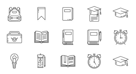 Collection of modern line icons representing school, college, and university life, featuring a backpack, bookmark, closed and open books, graduation cap, alarm clock, light bulb, and a toolbox
