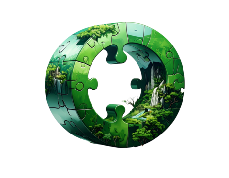 A circular jigsaw puzzle with lush, green natural scenes depicted on its surface, viewed against a black background