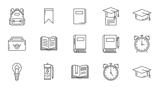Collection of modern line icons representing school, college, and university life, featuring a backpack, bookmark, closed and open books, graduation cap, alarm clock, light bulb, and a toolbox