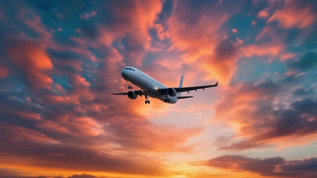 4K cinematic video of airplane flying through colorful sunset clouds symbolizing travel dreams and exploration perfect for airline branding and inspirational content