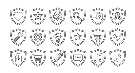 Collection of shield icons with various items inside, including a heart, star, book, magnifying glass, chat bubble, wrench, gear, lightbulb, shopping cart, key, lock, pencil, and musical notes, all