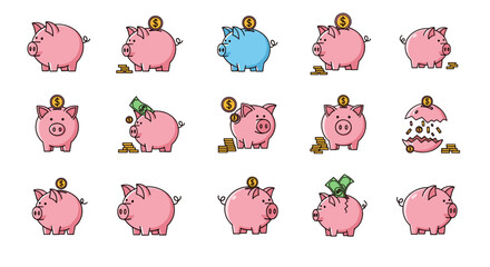 Collection of charming piggy bank illustrations in various states: saving coins, receiving banknotes, breaking open, and a blue piggy bank, perfect for financial infographics, articles, books