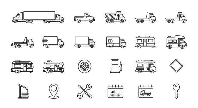 A comprehensive collection of outline vector icons featuring various trucks, motorhomes, campers, and related transportation and service symbols, perfect for graphic design, web development, app
