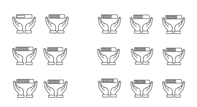 Minimalistic thin line icon set depicting progress bars held over open hands, symbolizing loading, progress, and support. Ideal for web design, app interfaces, banners, social media, and graphic