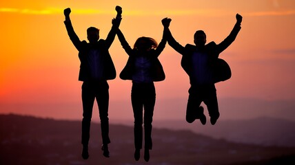 Fototapeta premium Three friends jumping in the air at sunset, celebrating success and freedom