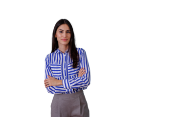 Confident young businesswoman standing with arms crossed, smiling, professional female portrait with transparent background