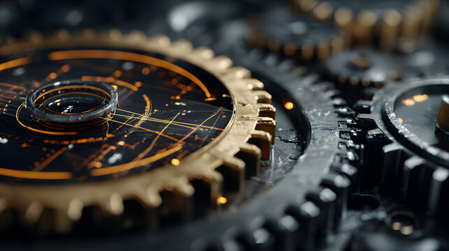 Digital technology concept with interconnected gears and graphical interface representing automation, innovation, and modern computer systems on dark background - Powered by Adobe