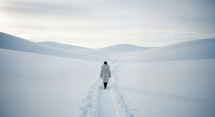Woman walking alone in winter landscape, feeling solitude, snowy hills background