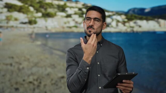 Young man with a thoughtful expression holding a tablet on a beach background with the sea in view.