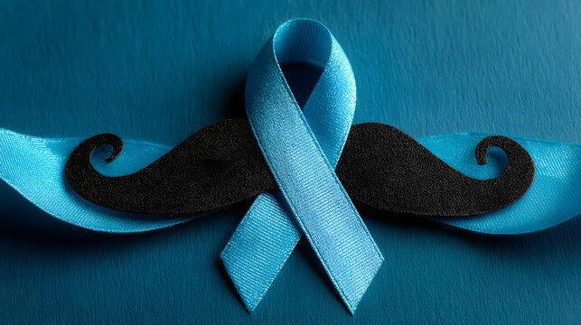 A simple modern design featuring a black mustache paper cutout and a light blue ribbon on a vibrant blue background to symbolize men's health, prostate cancer and World Diabetes Day awareness