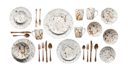 Modern artisan ceramic tableware and vintage cutlery set with unique brown splatter design, overhead view