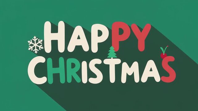 A festive flat design illustration with "HAPPY CHRISTMAS" text, featuring a snowflake, Christmas tree, and holly on a green background.