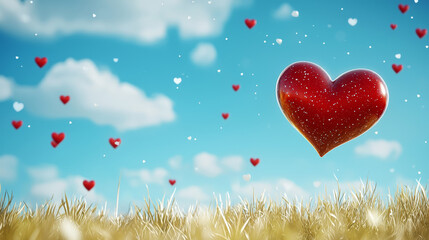 A large red heart floats in a sky with smaller hearts and clouds over a field of golden grass.