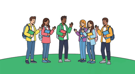 Diverse group of students with backpacks chatting outdoors