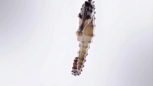 A realistic video of a seahorse swimming slowly in place, isolated on a clean white background. The seahorse&rsquo;s curled tail, detailed skin texture, and gentle fin movements.