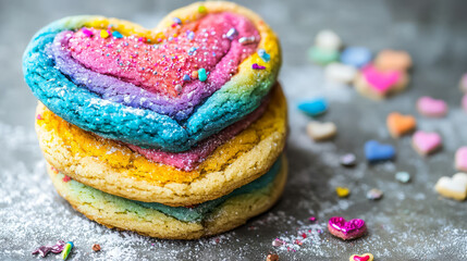 Rainbow heart-shaped cookies stacked high dusted with powdered sugar and sprinkles with small heart candies scattered around.
